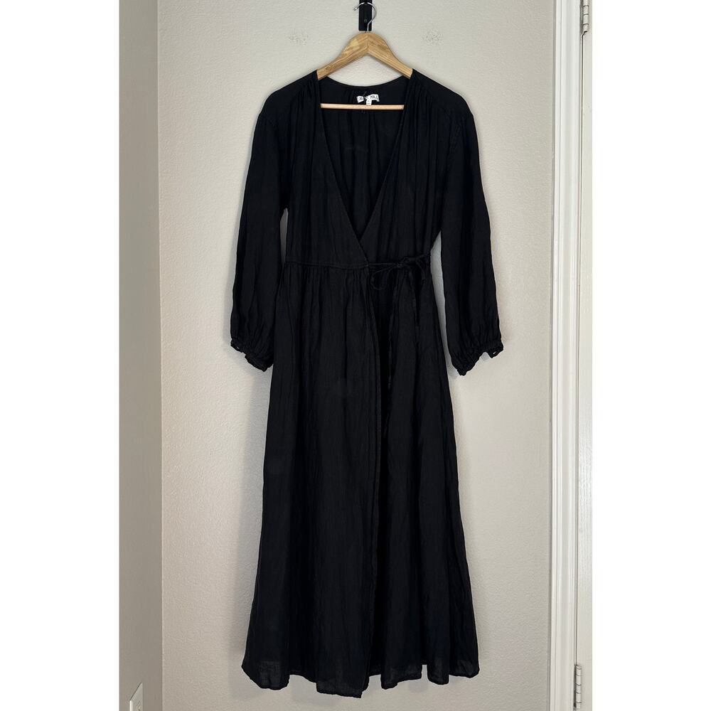 Alex Mill Lauren Linen Wrap Dress, Deep Black, Coastal Minimalist Natural, Large - Picture 3 of 13